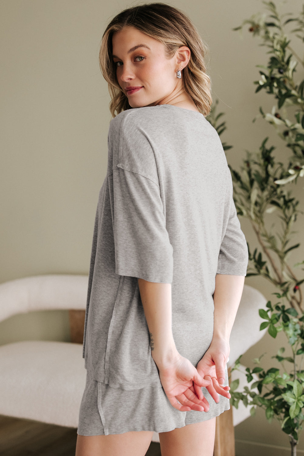 Gray Solid Color Loose Tee 2 Piece Shorts Set 🇨🇳