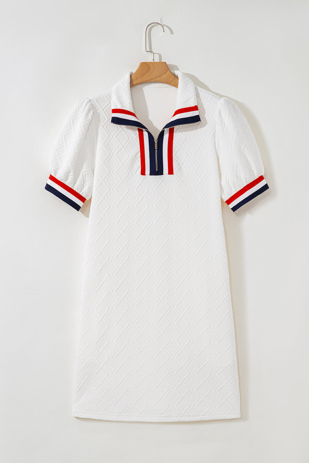 White Textured Jacquard Colorblock Edge Puff Sleeve Quarter Zip Mini Dress 🇨🇳
