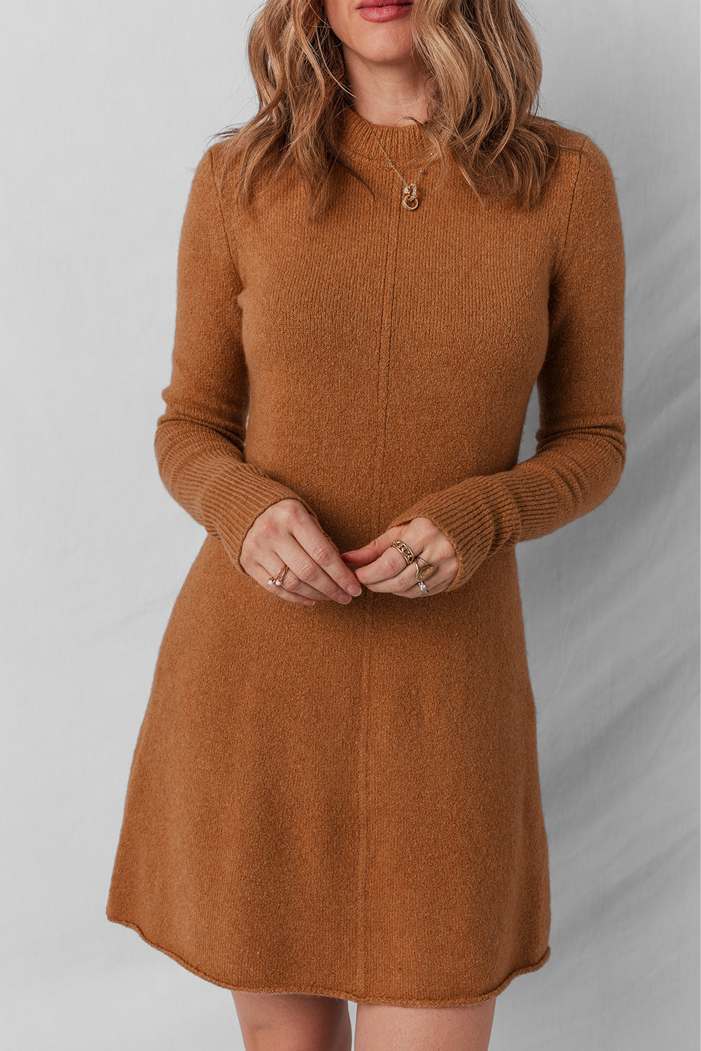 Straw Yellow Ribbed Detail Solid Color Mini Sweater Dress 🇺🇲