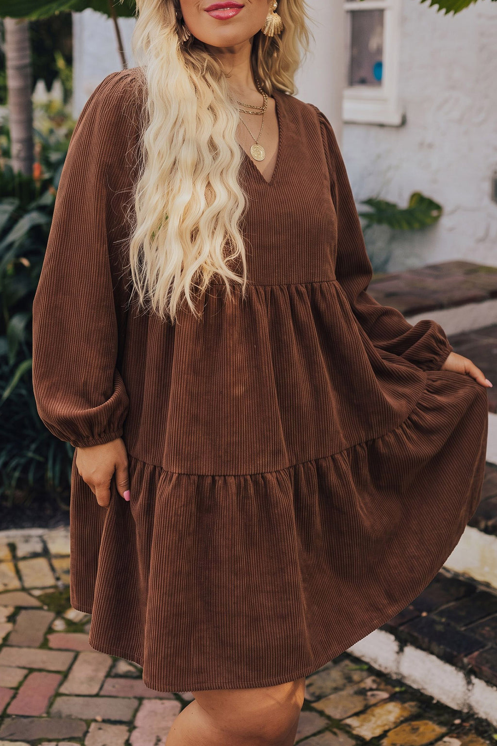 Coffee Winter Corduroy V Neck Long Sleeve Plus Size Mini Dress 🇺🇸