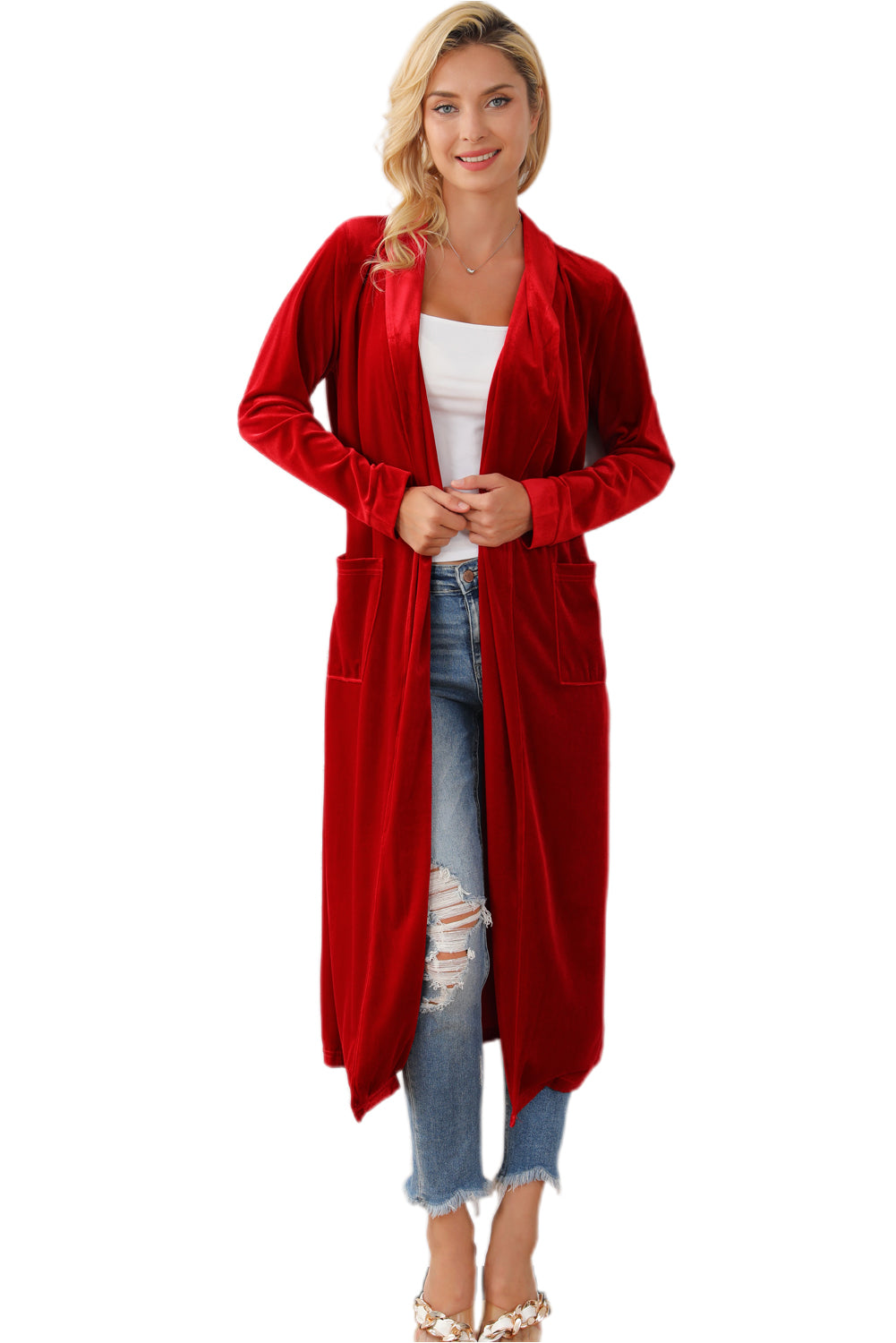 Fiery Red Velvet Open Front Pocketed Long Duster 🇨🇳