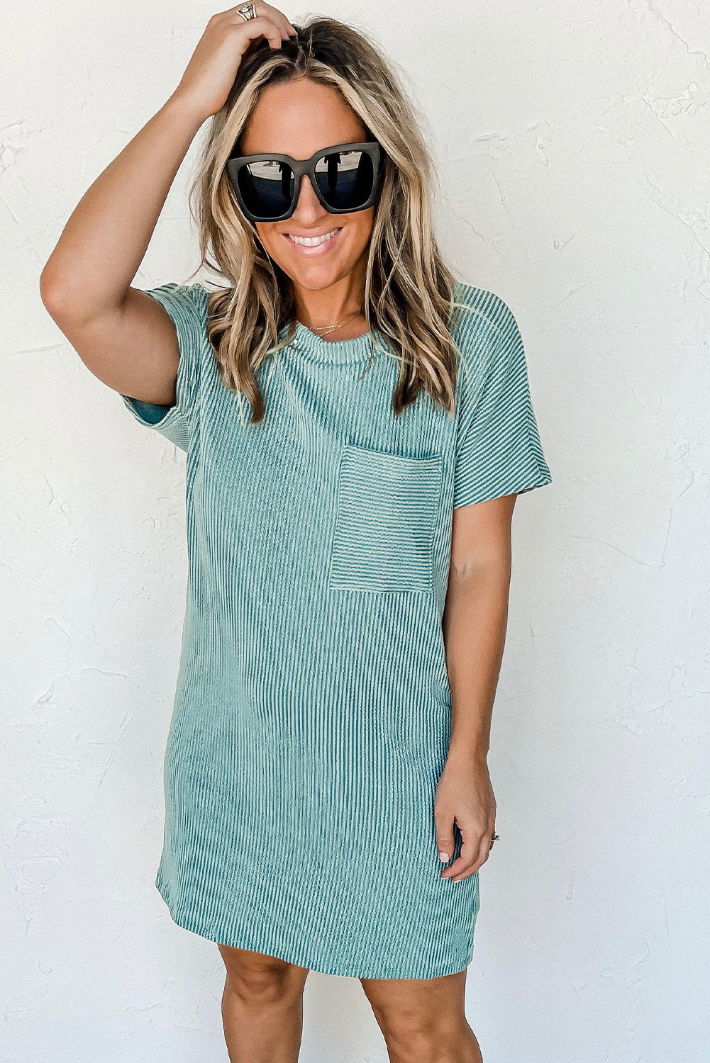 Blue Striped Ribbed Knit T-shirt Shift Dress 🇨🇳