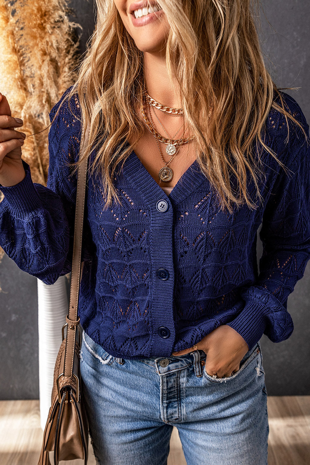 Blue Lightweight Buttoned Front Crochet Cardigan 🇨🇳