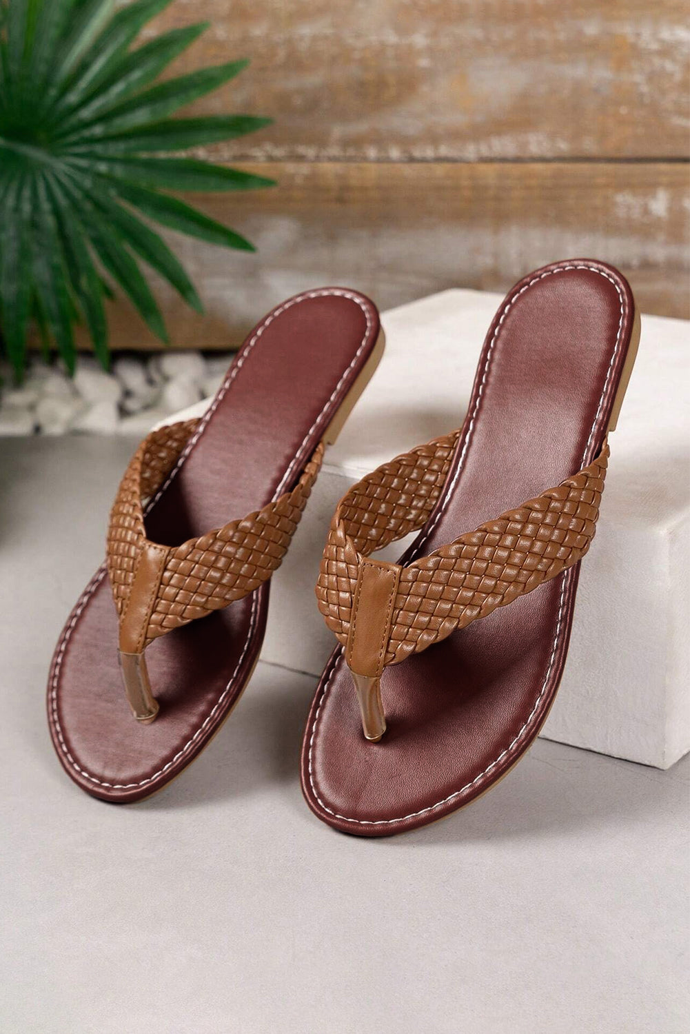 Chestnut Braided Strap PU Leather Flip Flop 🇨🇳