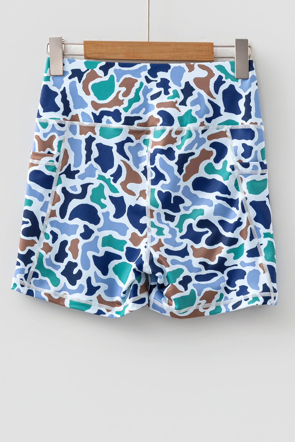Blue Abstract Camo Printed Seam Detail Biker Shorts 🇺🇸