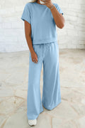 Mist Blue Solid Color Loose Tee Drawstring Wide Leg Pants 2pcs Outfit 🇺🇸