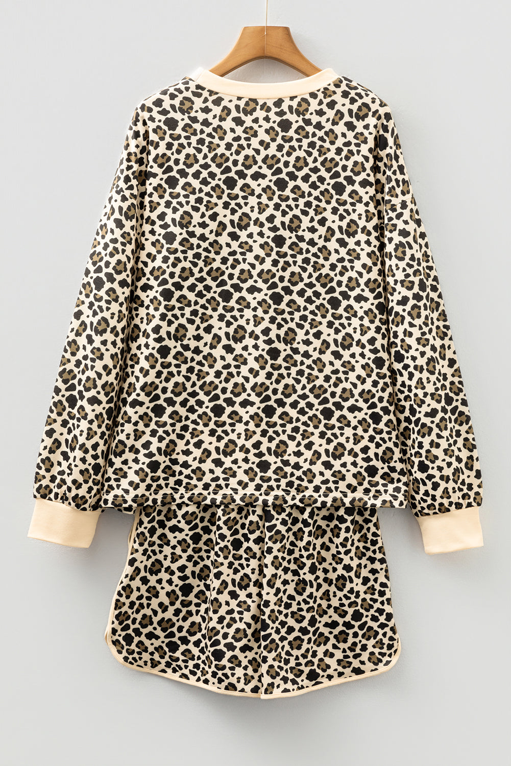 Brown Leopard Print Contrast Trim Long Sleeve Pullover Drawstring Shorts 2pcs Outfit 🇺🇸