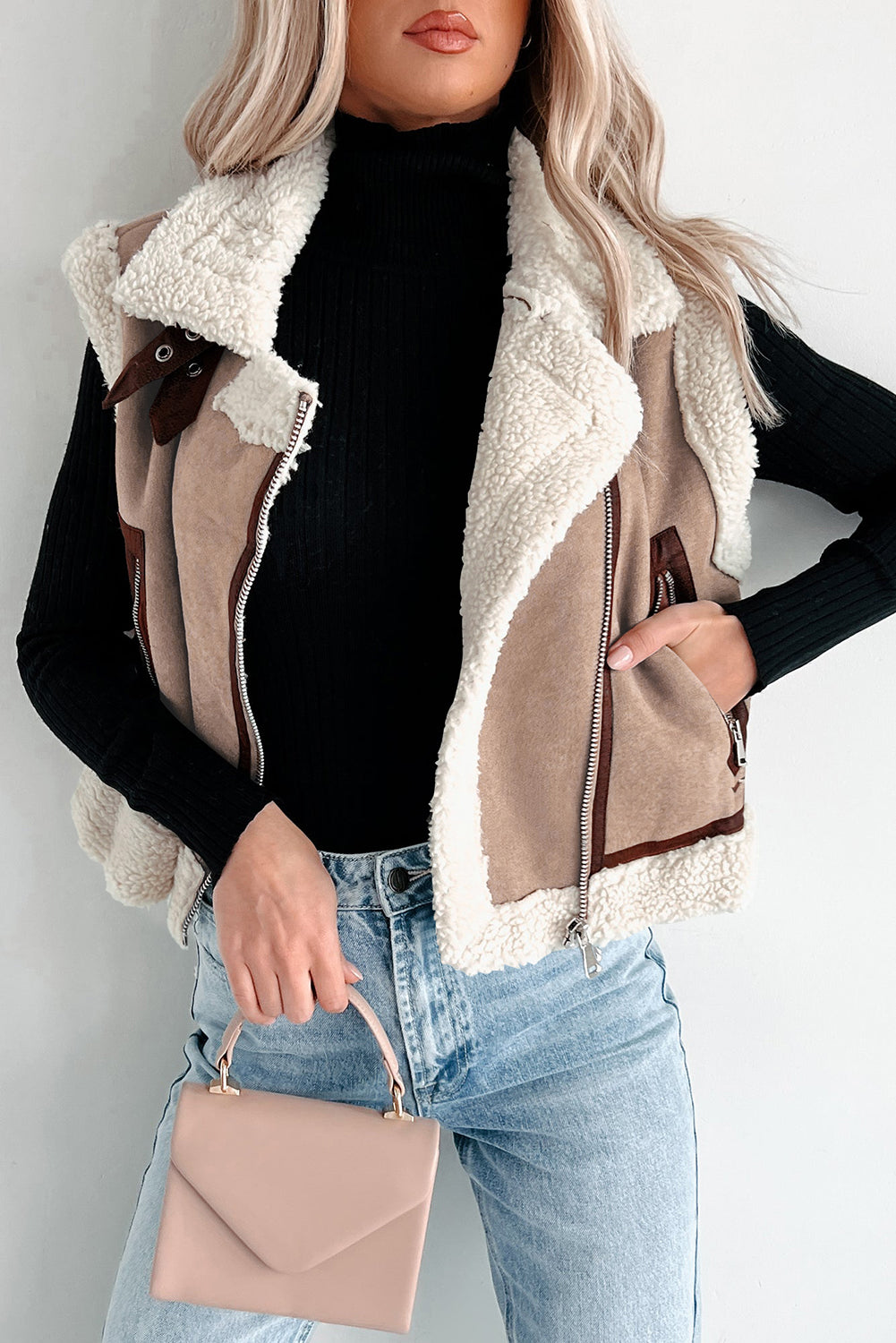 Dark Khaki Sherpa Lined Faux Suede Lapel Collar Vest 🇺🇸
