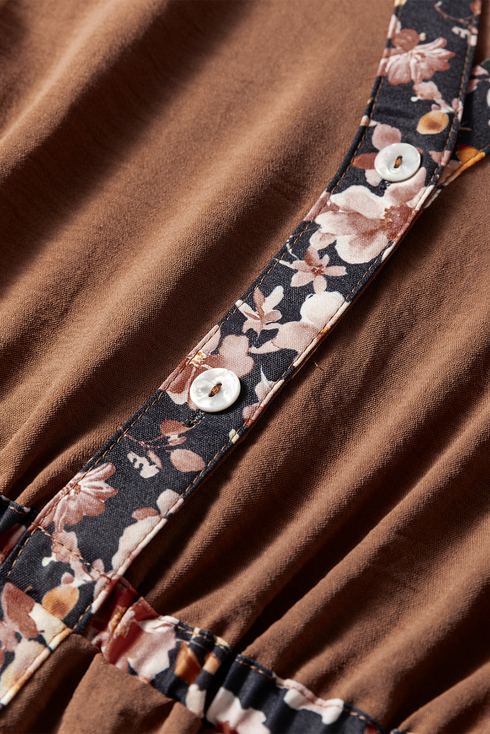 Chestnut Floral Patchwork Detail Notched Neck Long Sleeve Maxi Dress 🇺🇸