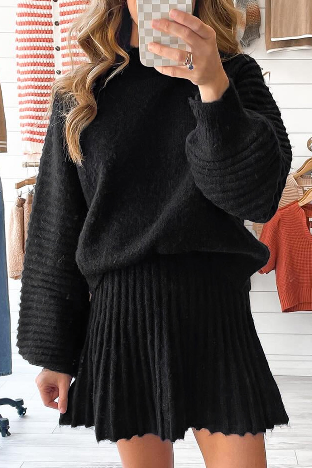 Black High Neck Puff Sleeve Sweater Pleated Mini Skirt 2pcs Knitted Outfit 🇺🇸