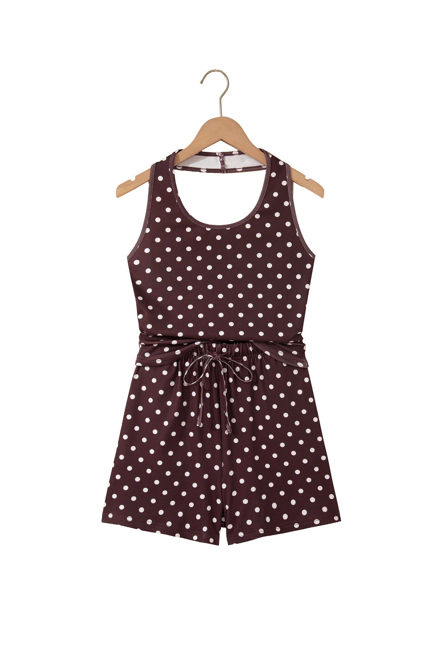 Brown Polka Dot Halter Tank Drawstring Elastic Waist Short Set 🇺🇸