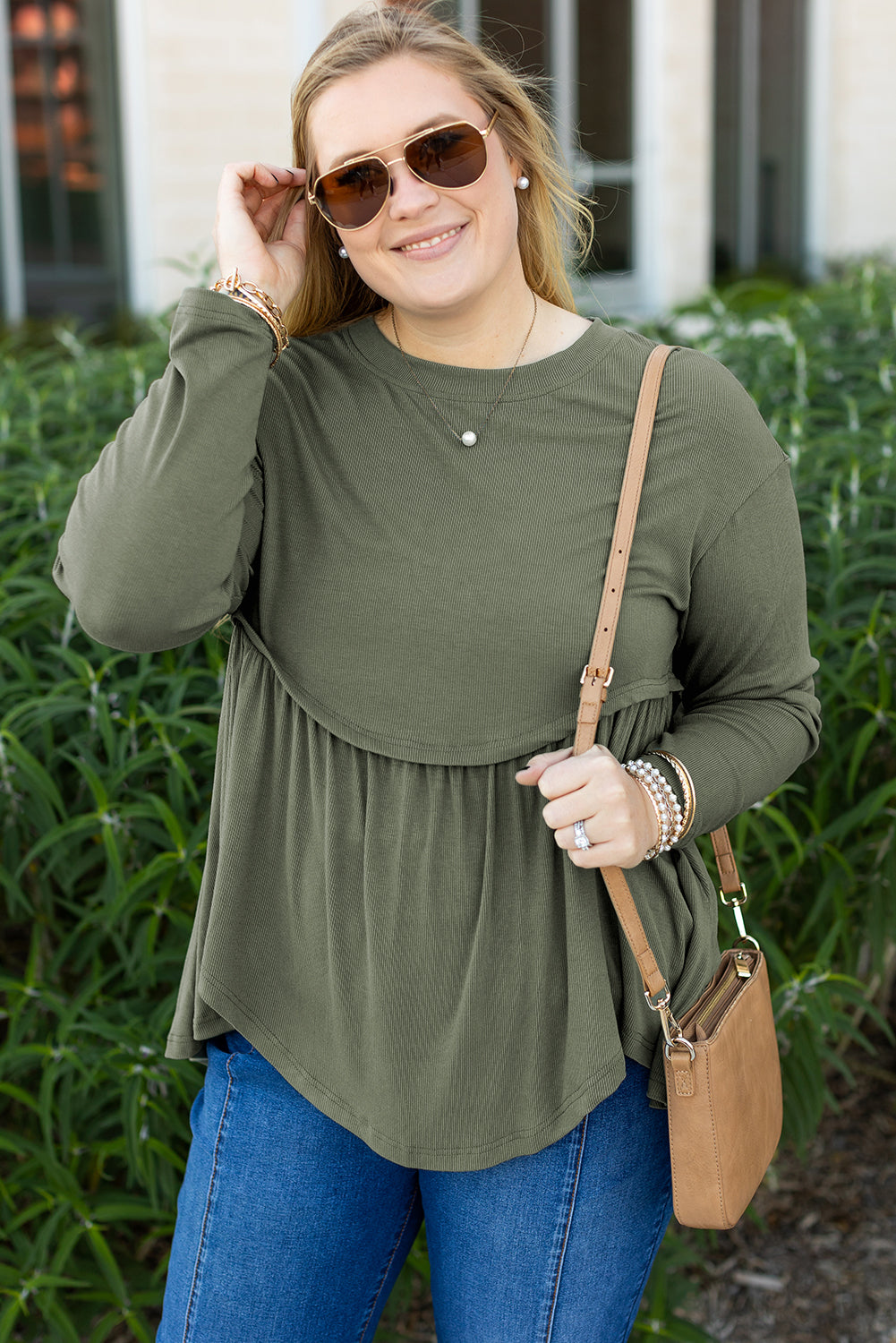 Mist Green Plus Size Thermal Knitted Babydoll Flare Top 🇺🇸