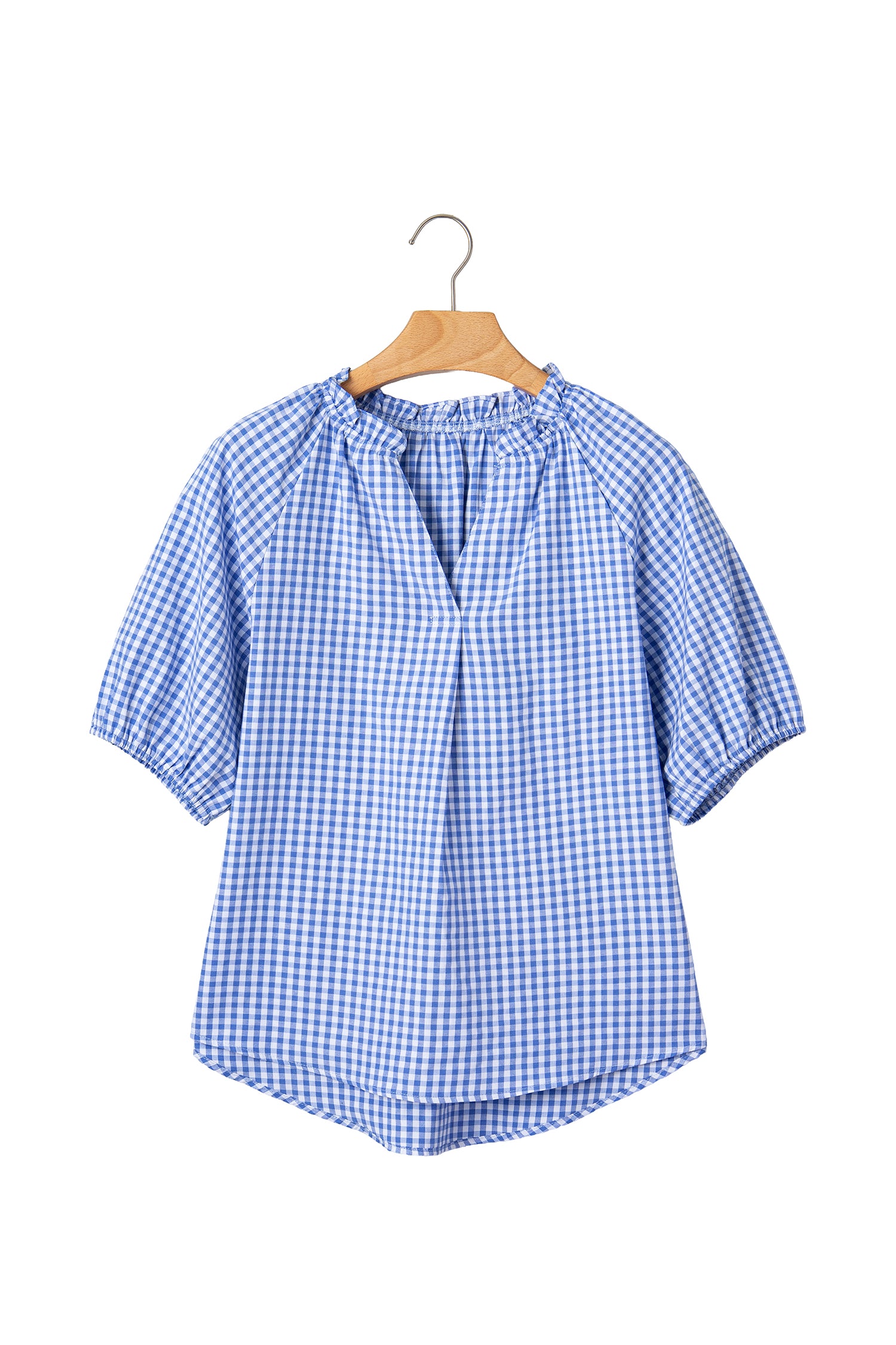 Sky Blue Summer Plaid V Neck Puff Sleeve Blouse 🇺🇸