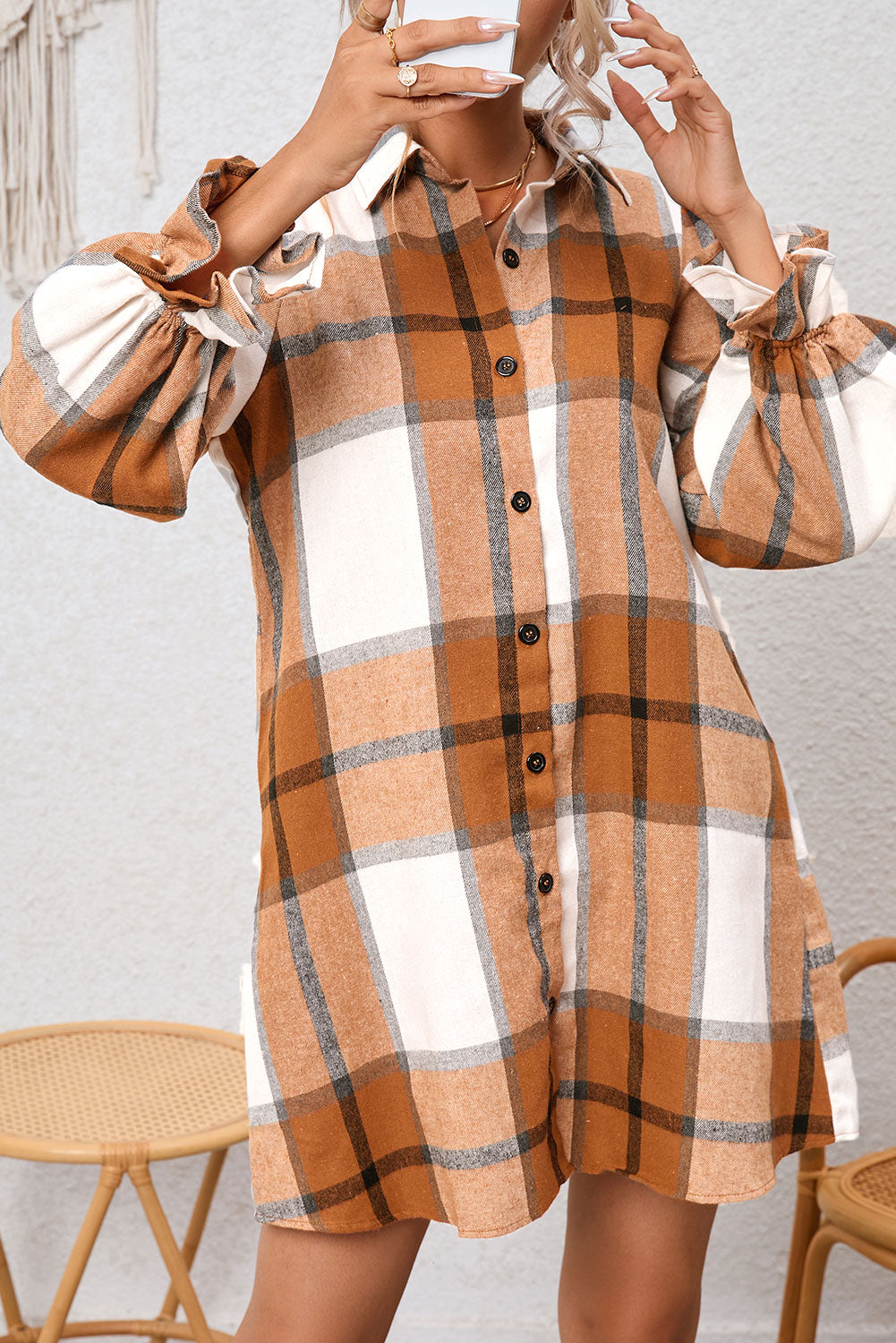 Khaki Plaid Pattern Collared Neck Ruffled Sleeve Shirt Dress 🇺🇸