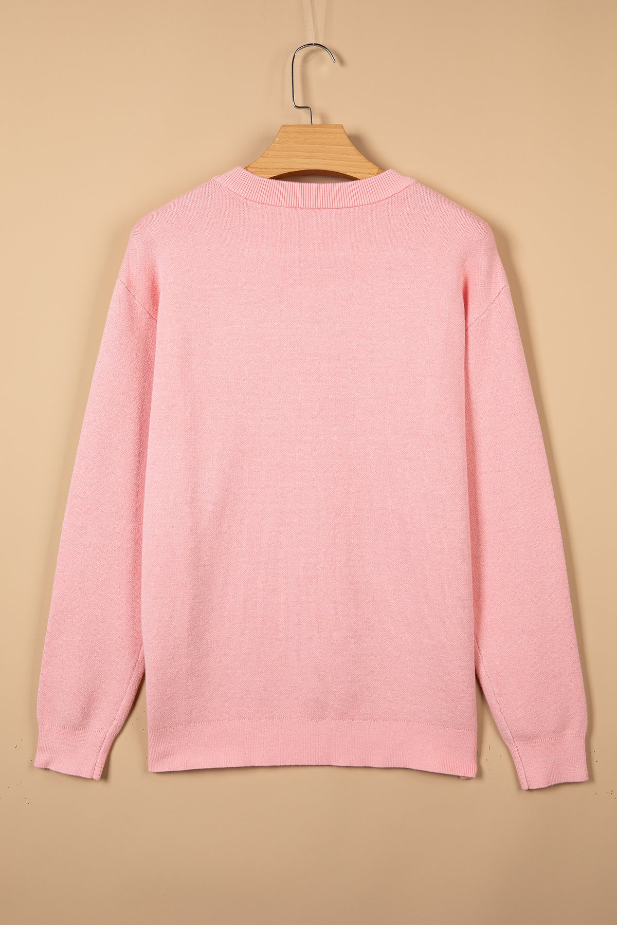 Gossamer Pink Drop Shoulder Round Neck Towel Embroidery Slogan Pullover Sweater 🇺🇸