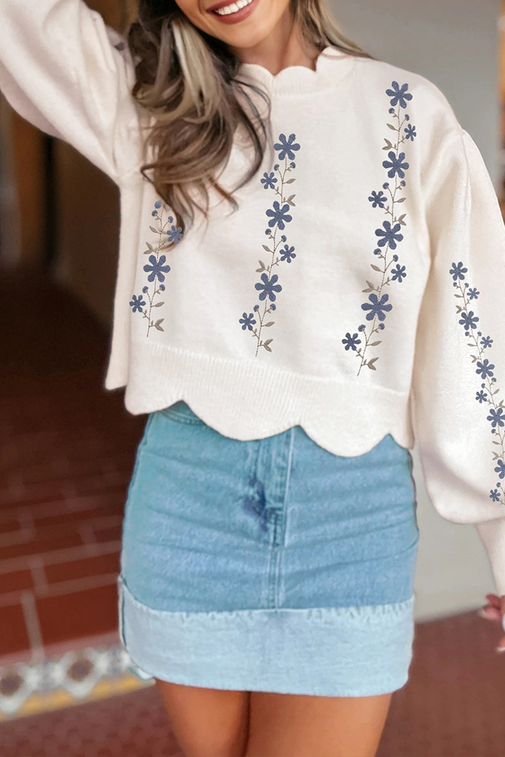 White Floral Embroidered Scallop Hem Cropped Sweater 🇺🇸