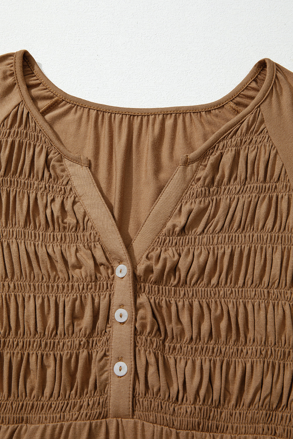 Cinnamon Smocked Bust Buttoned Split V Neck Flow Fit Blouse 🇺🇸