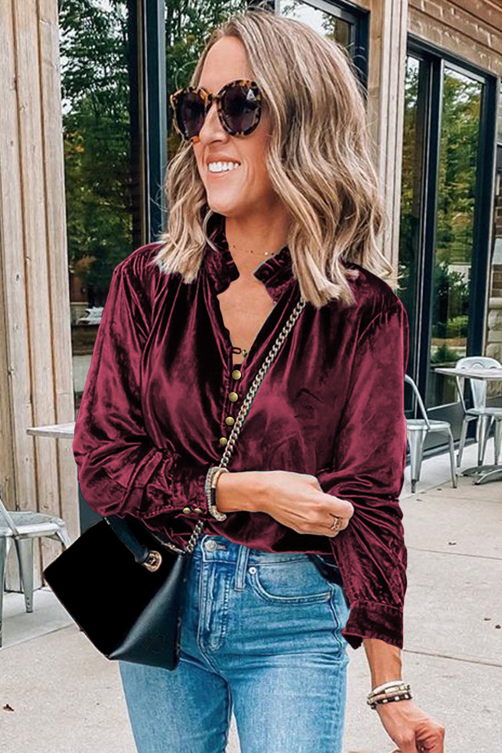 Burgundy Frilled Neck Buttoned Front Velvet Top 🇺🇸
