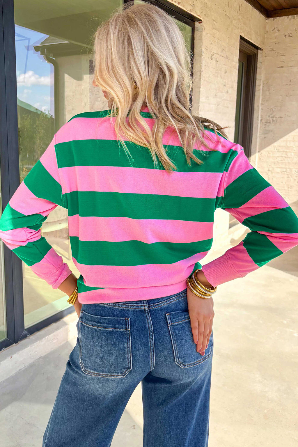 Green Stripe holly jolly Letter Embroidered Pullover Sweatshirt 🇺🇸