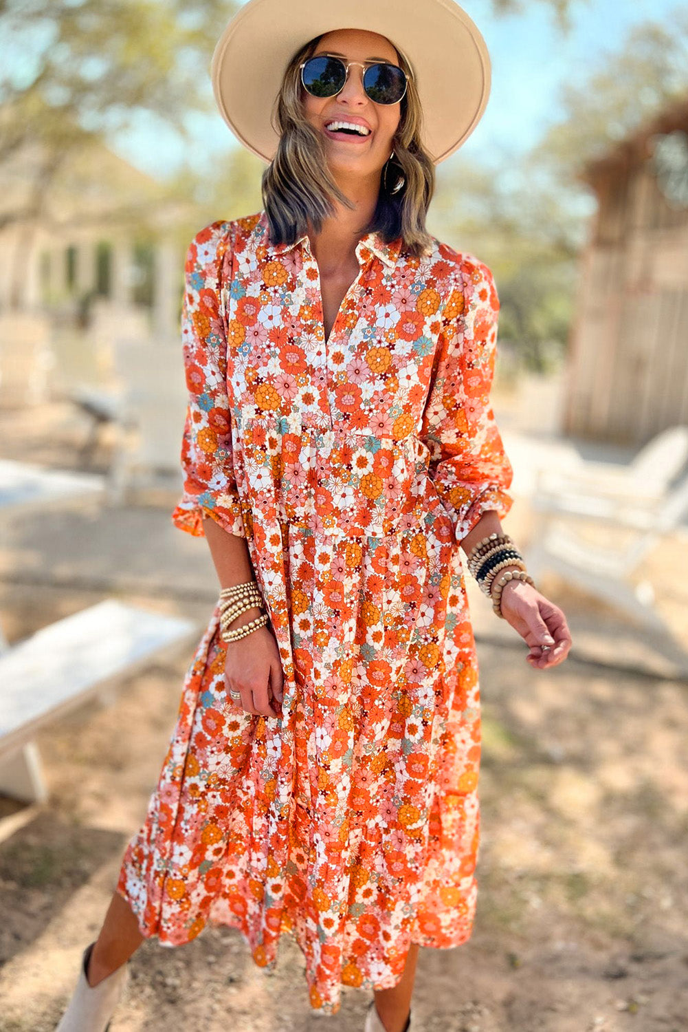 Multicolor Boho Floral Collared Long Sleeve Ruffled Dress 🇺🇸