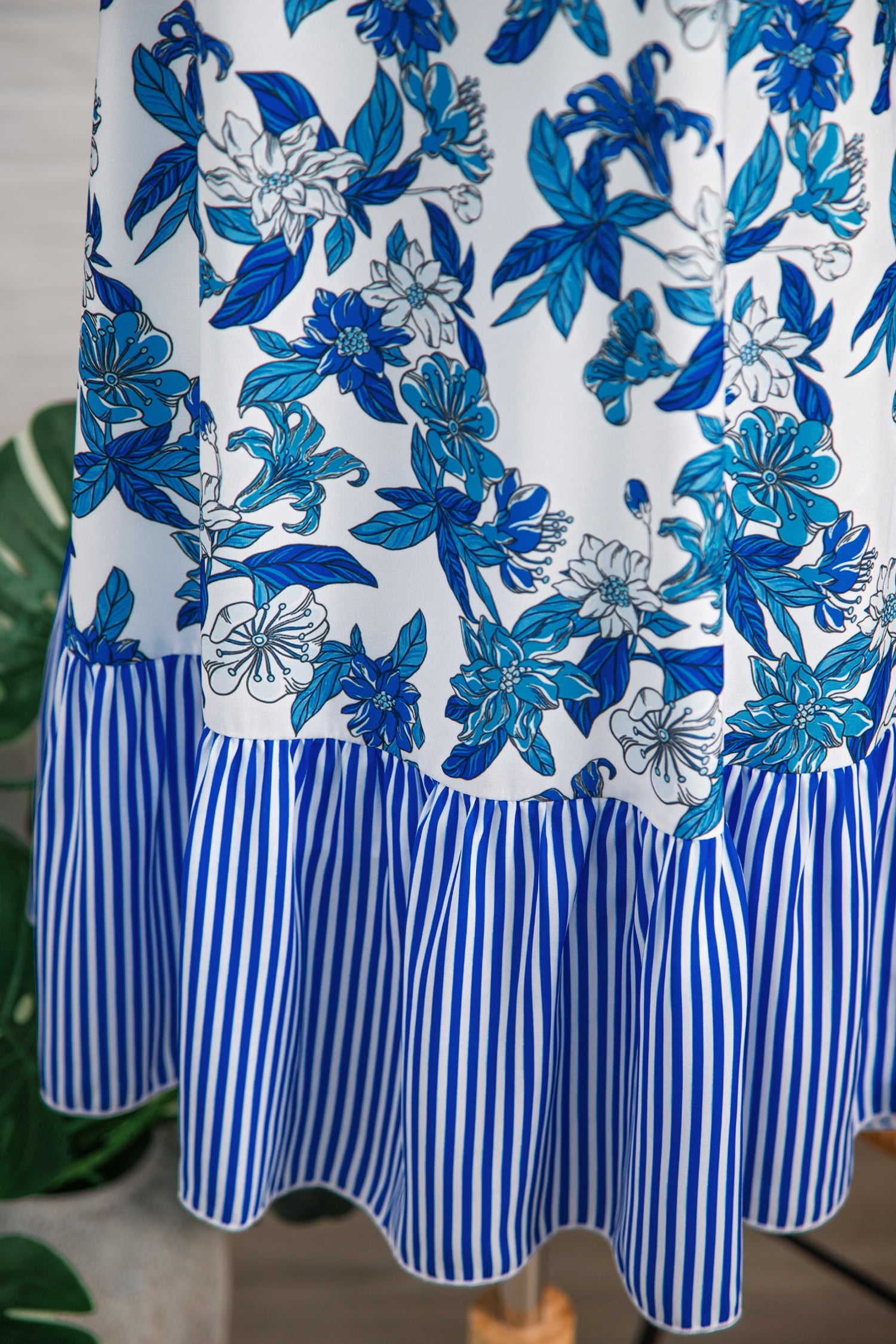 Sky Blue Floral Print U Neck Sleeveless Striped Ruffle Hem Patchwork Dress 🇺🇸