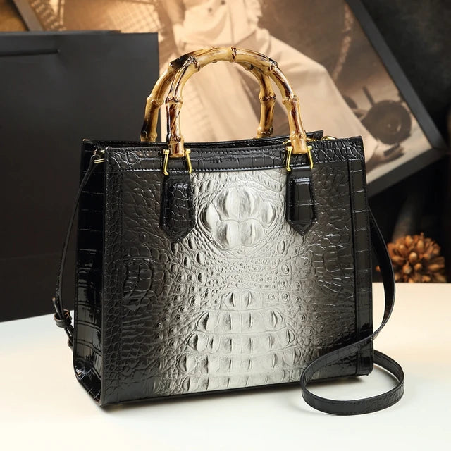 Brand Genuine Leather Bamboo Women's Bag Crocodile Pattern Handbag 🇨🇳