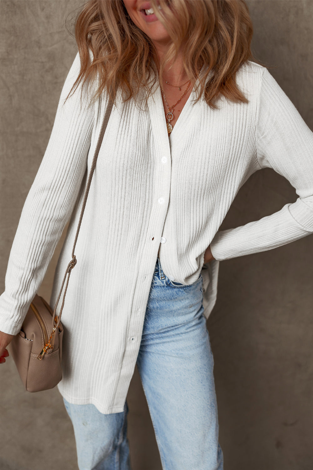 White Solid Color Ribbed Button up Tunic Cardigan 🇺🇲