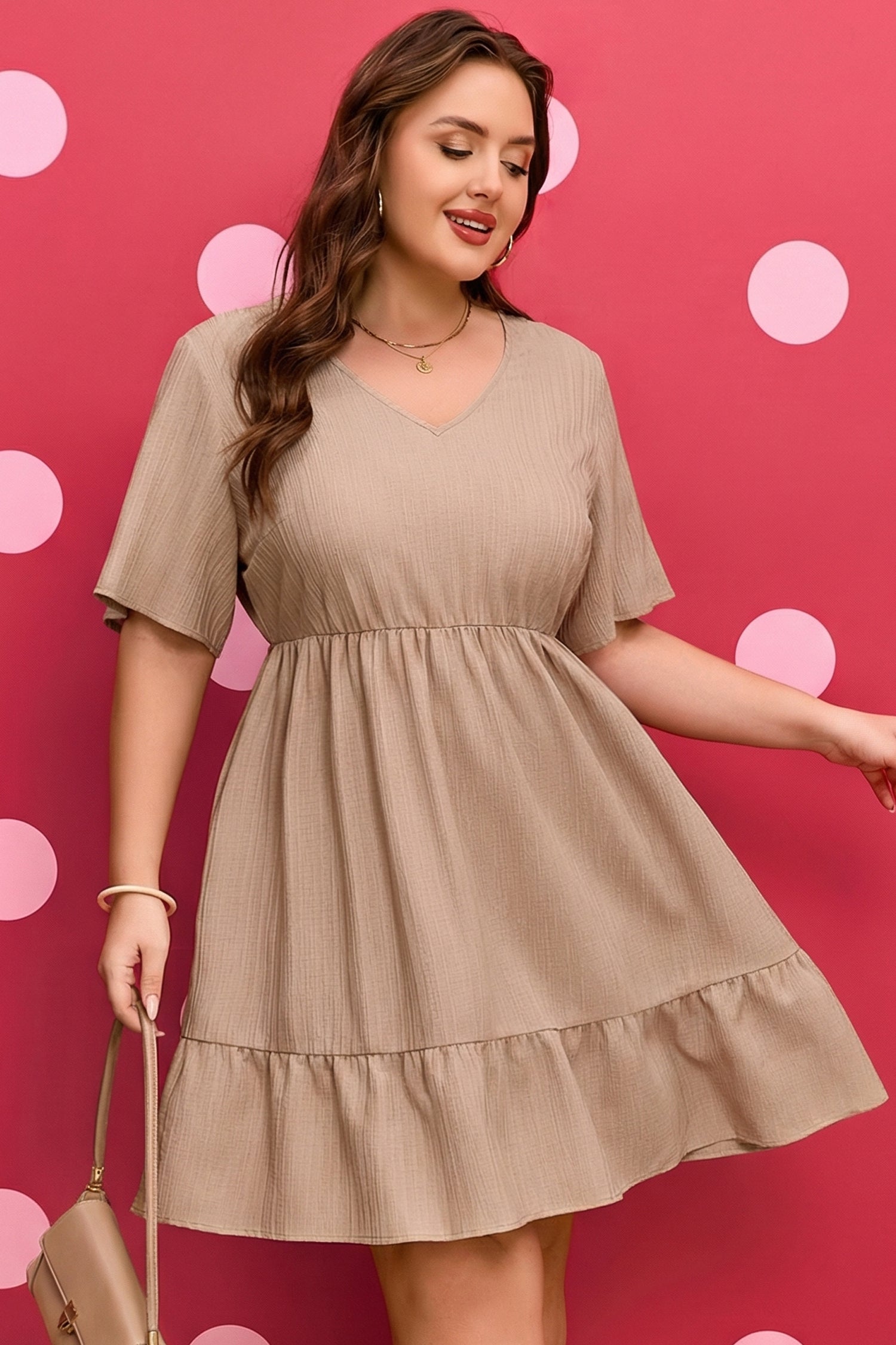 Dark Khaki Plus Size Textured Ruffled Short Sleeve Dress 🇺🇸