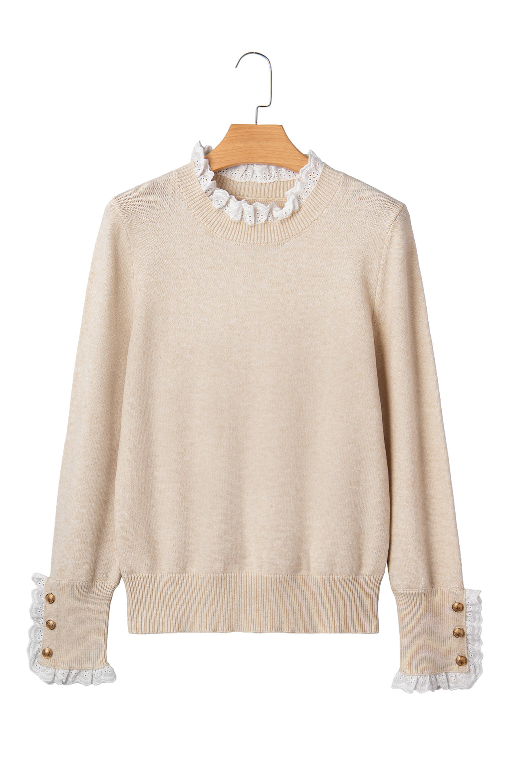 Jet Stream Lace Trim Patchwork Buttoned Cuffs Loose Sweater 🇺🇸