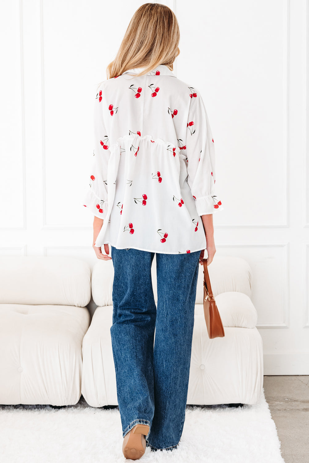 White Cherry Print Flounce Sleeve Collared Frilled Babydoll Blouse 🇺🇸