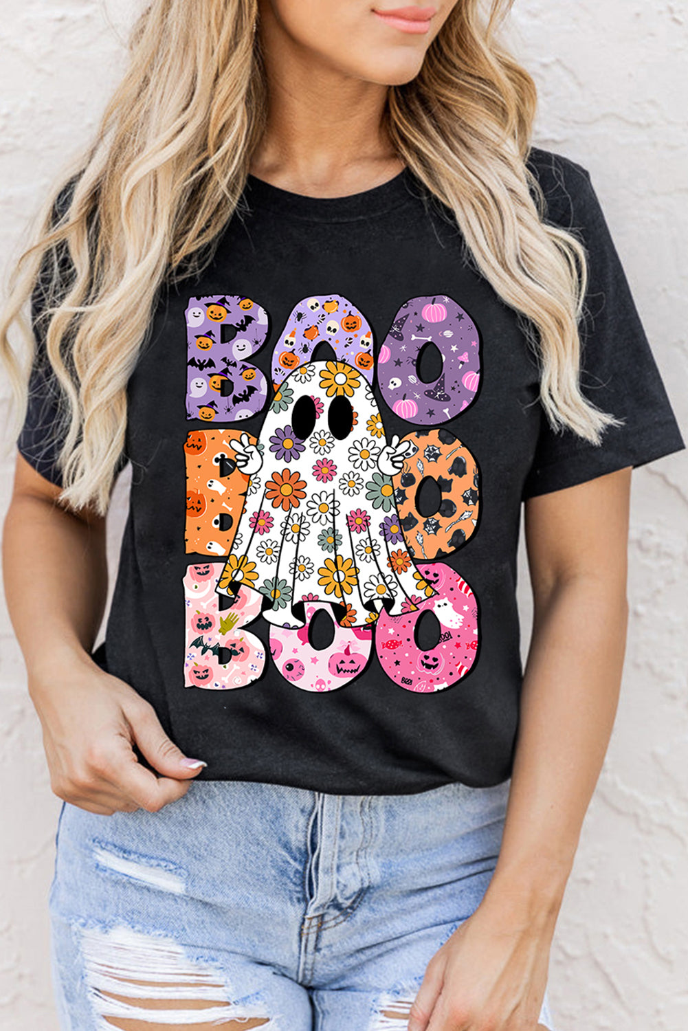 Black BOO Floral Ghost Print Crew Neck Halloween T Shirt 🇺🇲