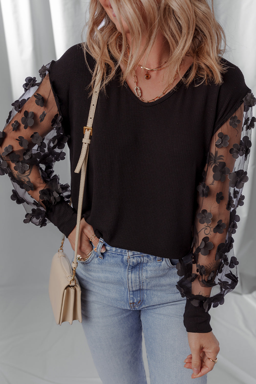 Black Flower Applique Mesh Long Sleeve V Neck Blouse 🇺🇸