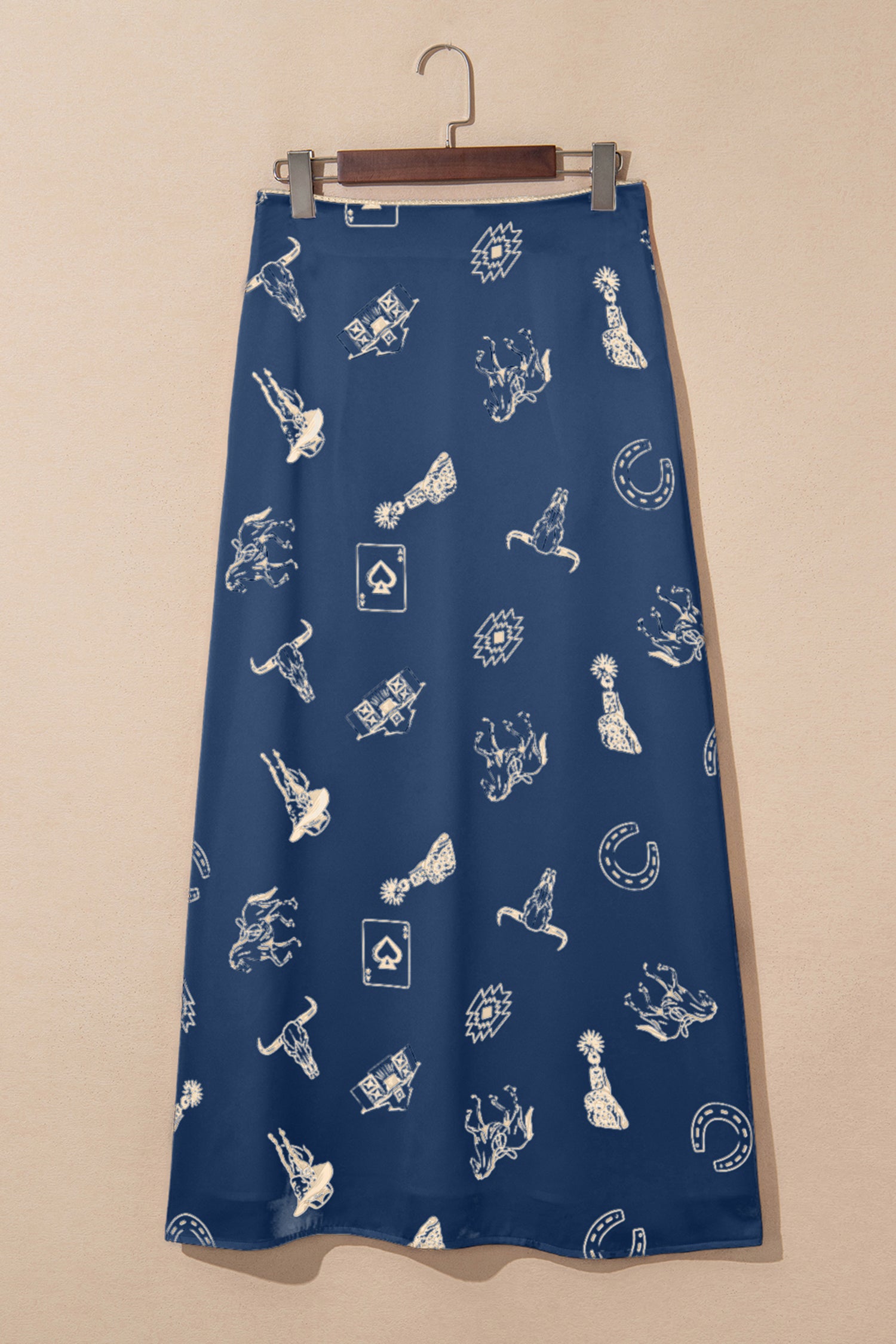 Navy Blue Western Print Satin Long Skirt 🇺🇸