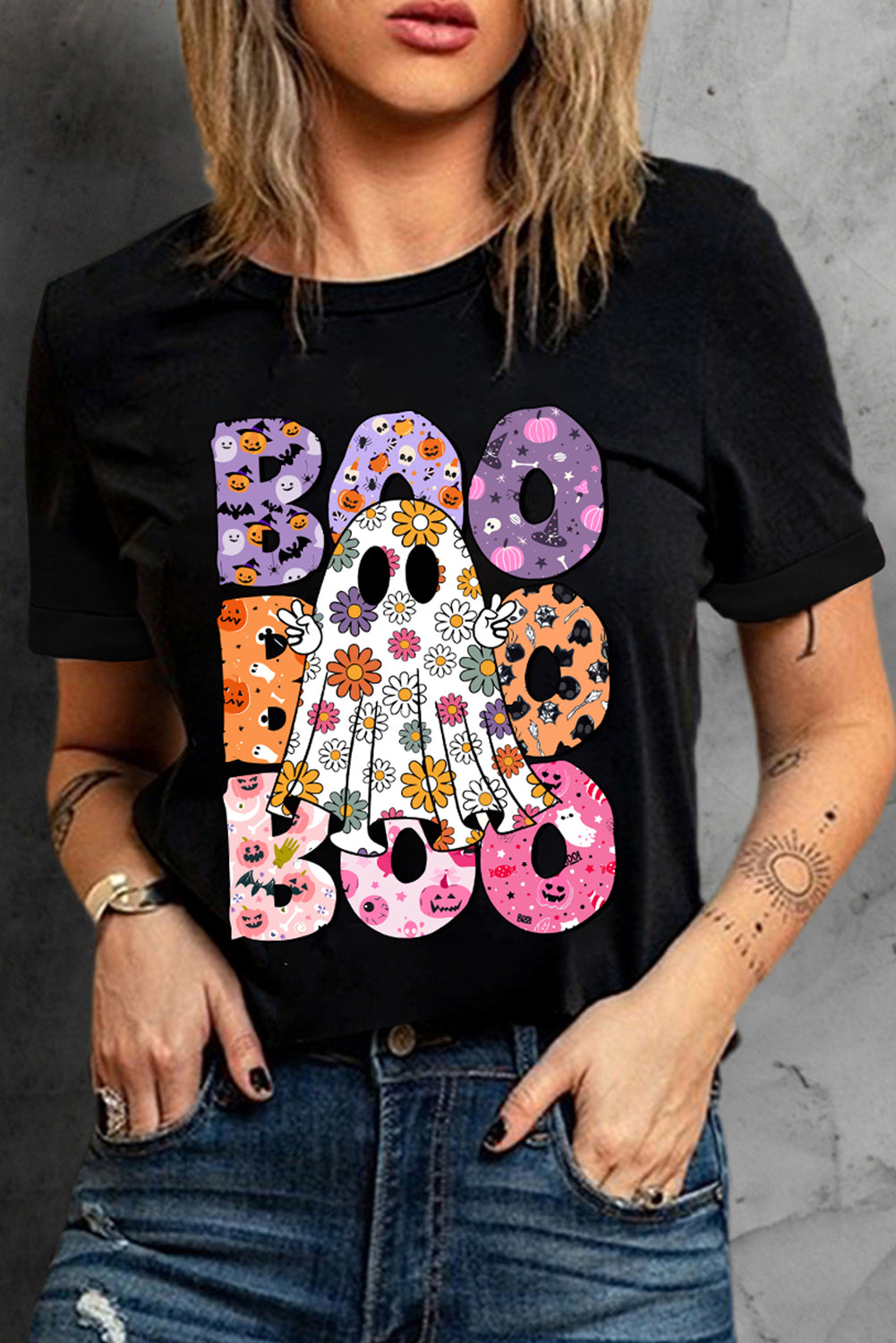 Black BOO Floral Ghost Print Crew Neck Halloween T Shirt 🇺🇲