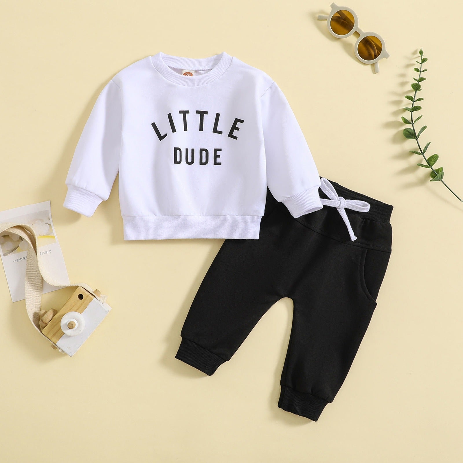 Children's round neck letter printed top solid color pants two-piece set multi-color design 🇨🇳