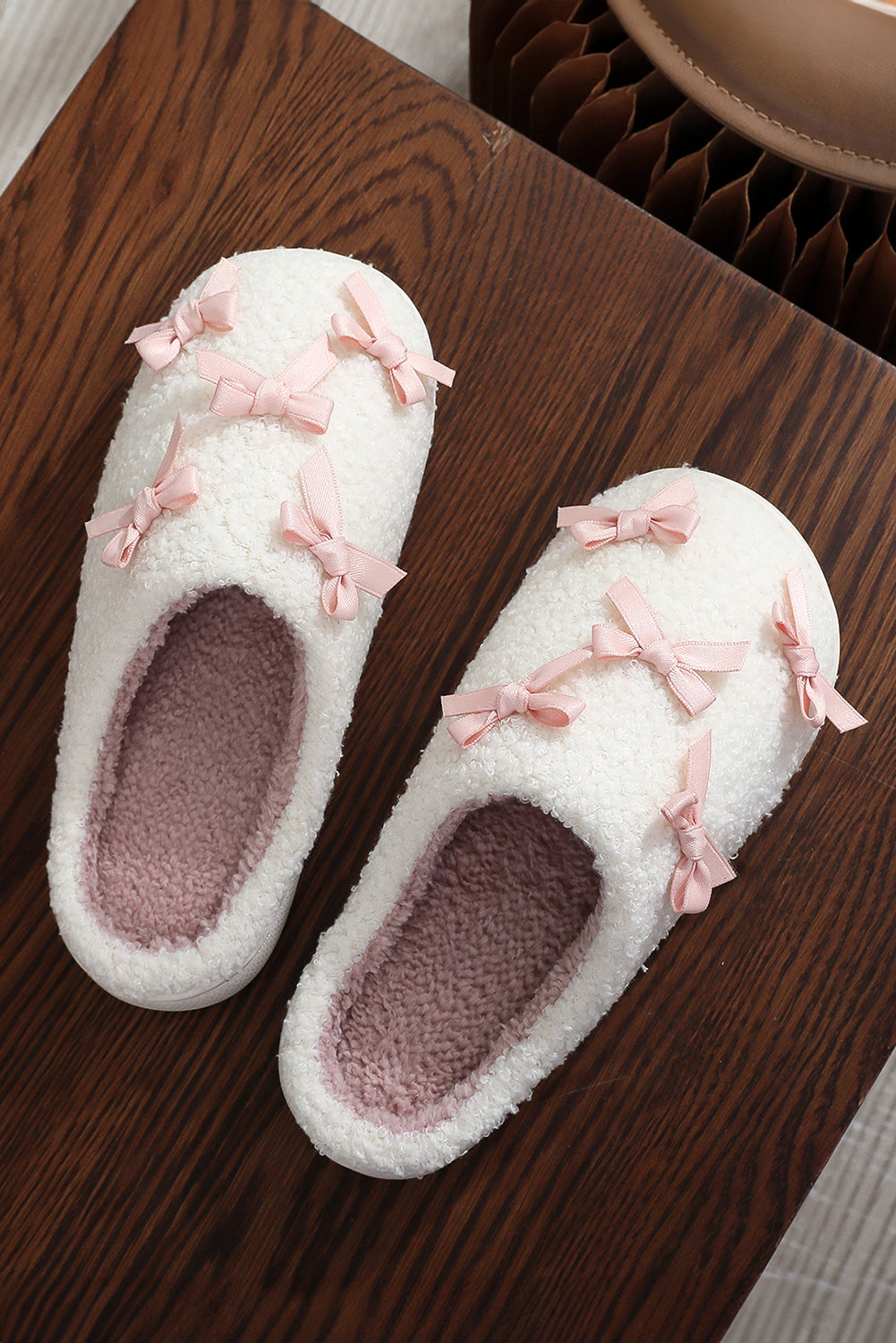 White Ribbed Bow Decor Plush House Slipper 🇺🇸