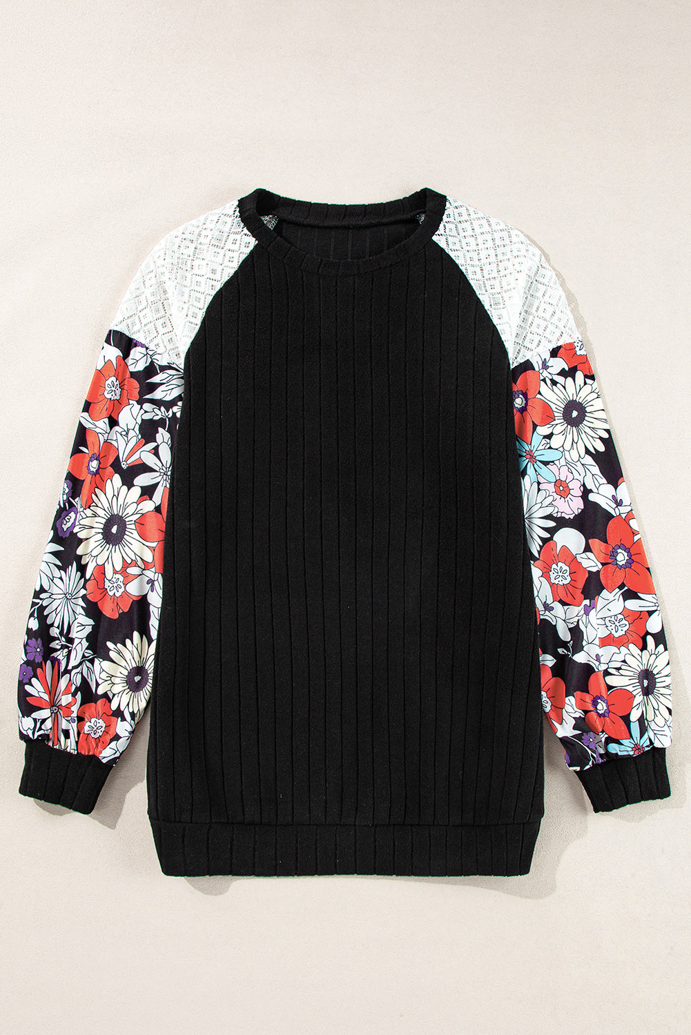 Black Floral Patchwork Long Sleeve Ribbed Blouse 🇺🇸