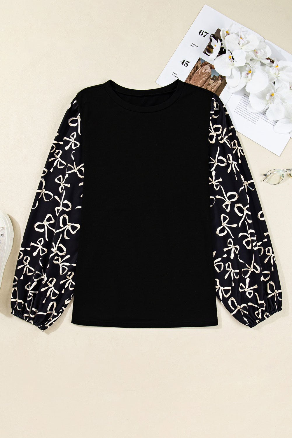 Black Bow Knot Patchwork Crewneck Plus Size Blouse 🇺🇸