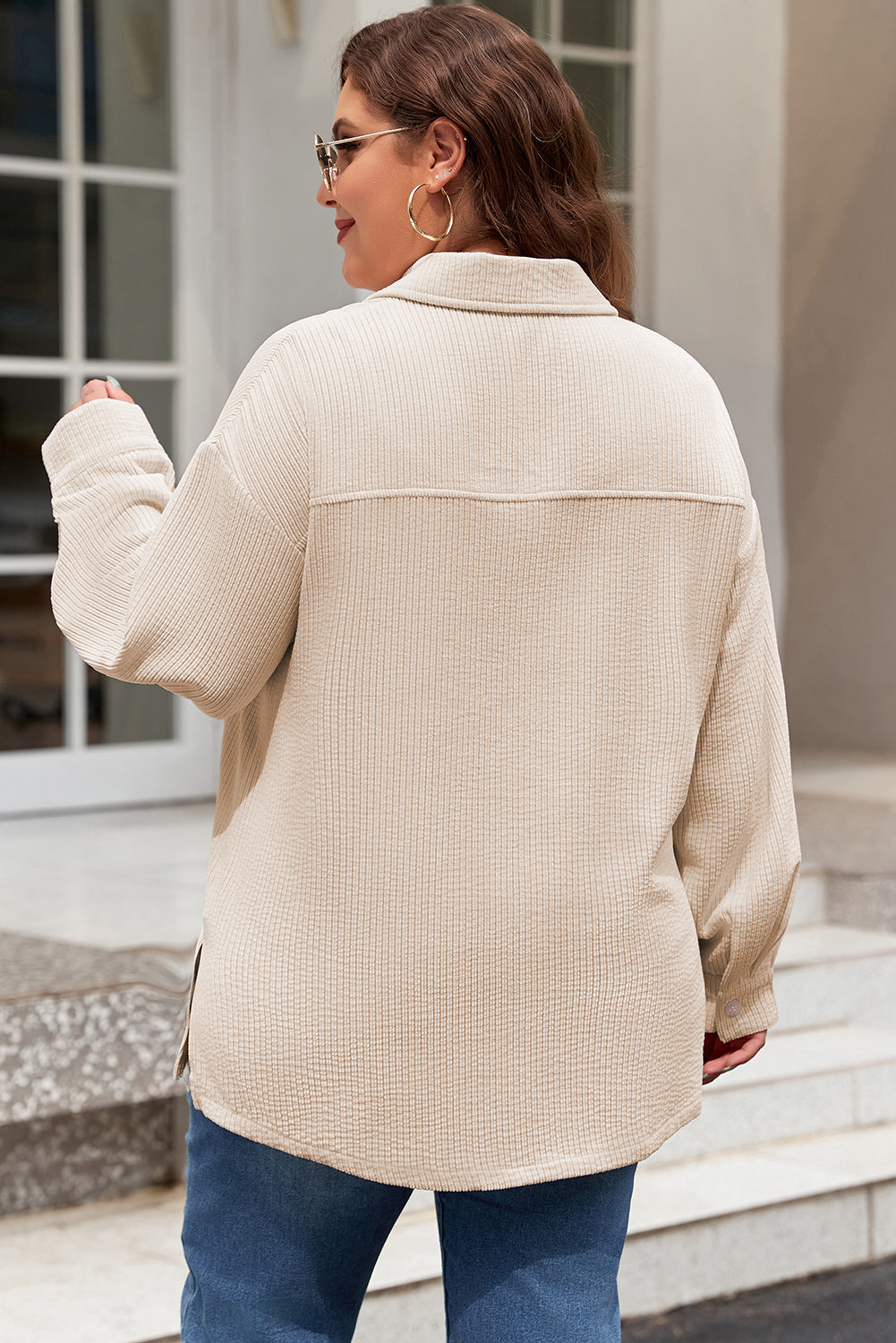 Oatmeal Textured Flap Pockets Buttoned Plus Size Shacket 🇺🇸