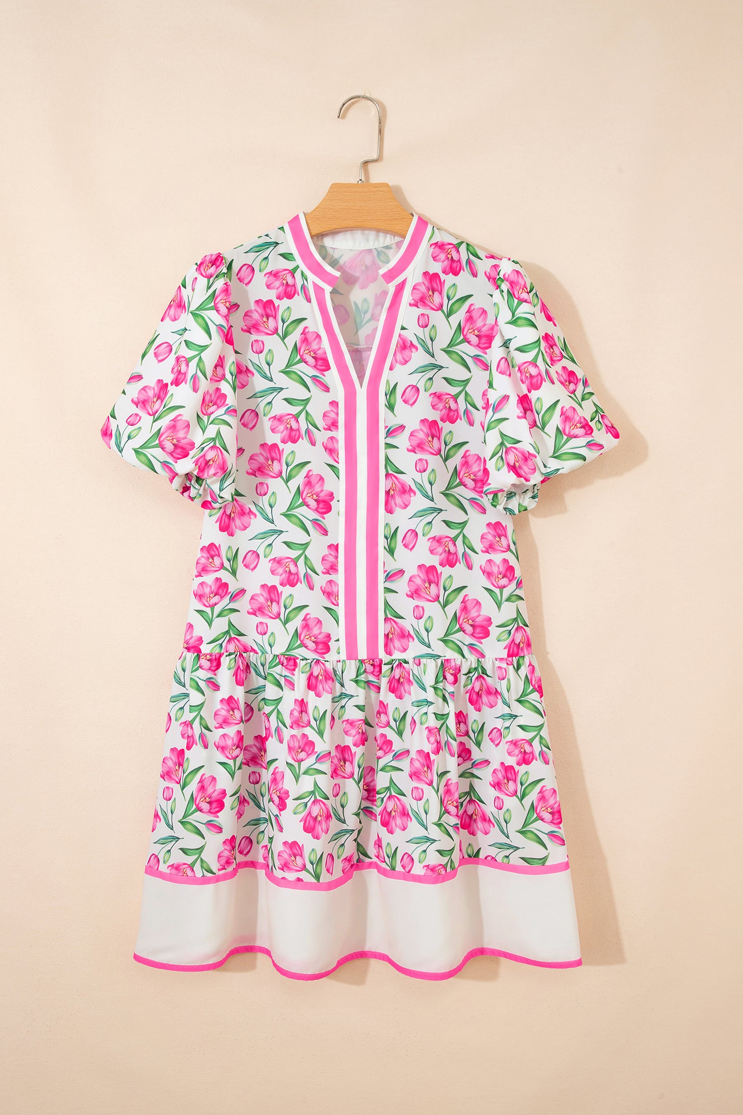Multicolour Sweet Floral Print Striped Color Block Trim Short Dress 🇺🇸