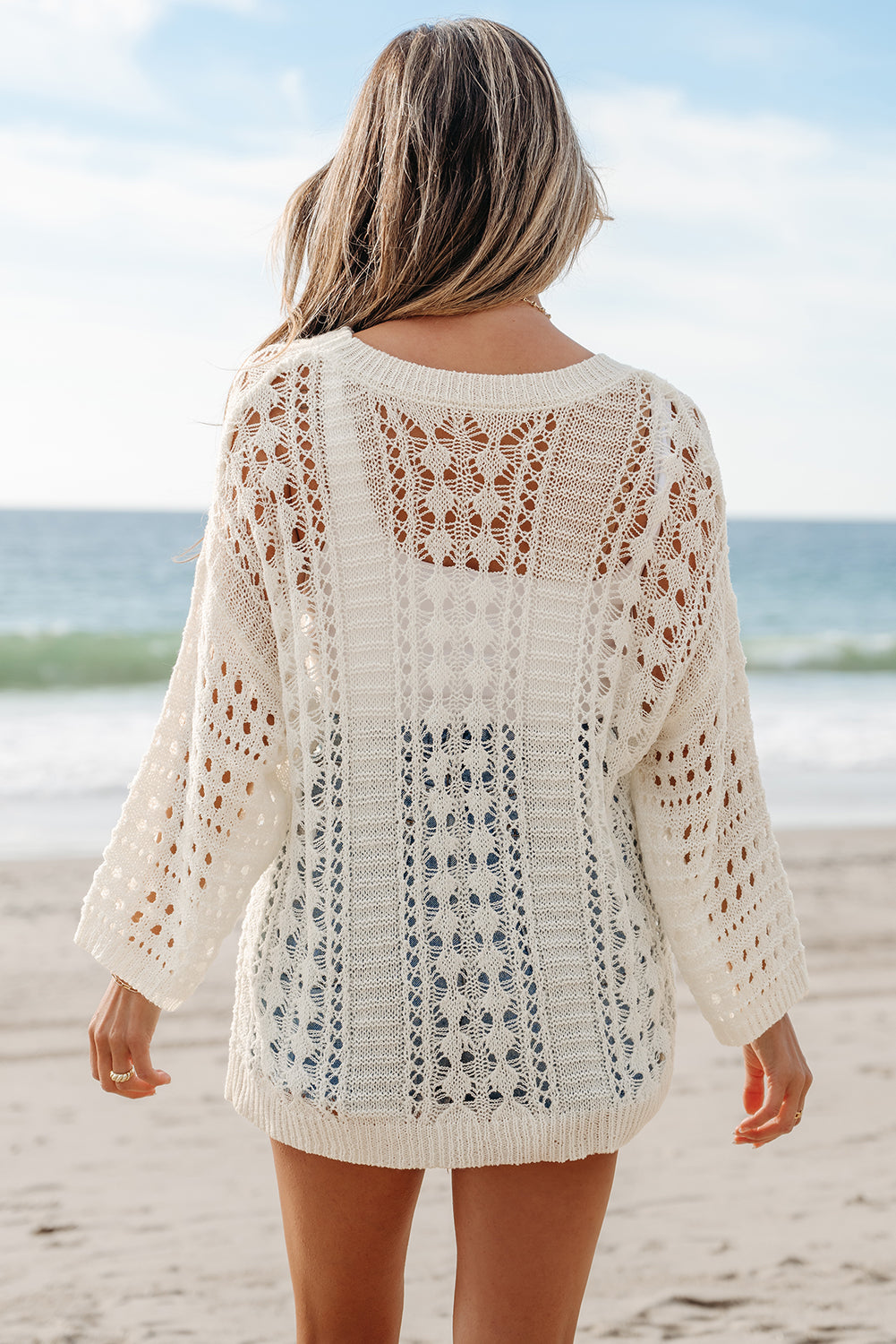 White Hollow Out Knit Bracelet Sleeve Drop Shoulder Sweater 🇨🇳