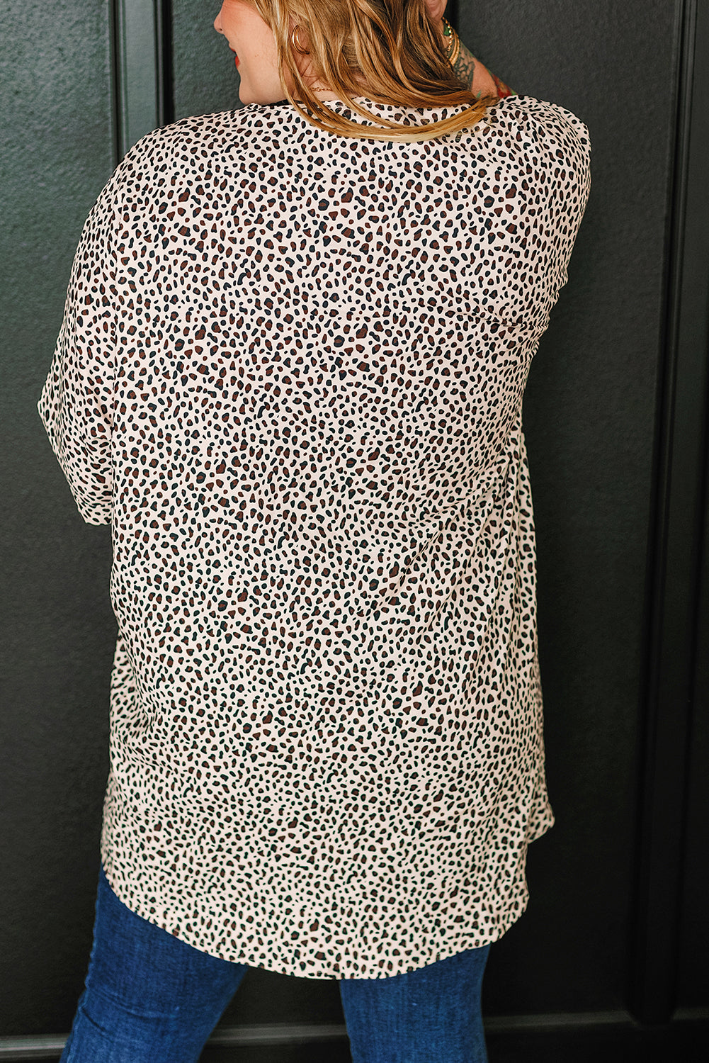 Khaki Plus Size Leopard Print Half Sleeve Open Front Cardigan  🇺🇸