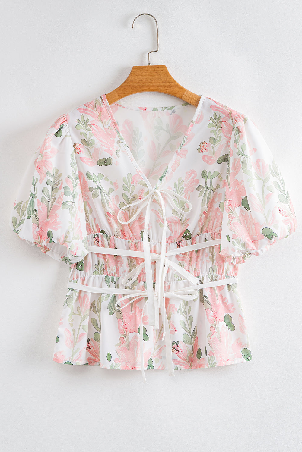 Pink Floral Puff Sleeve V Neck Tied Front Peplum Blouse 🇨🇳