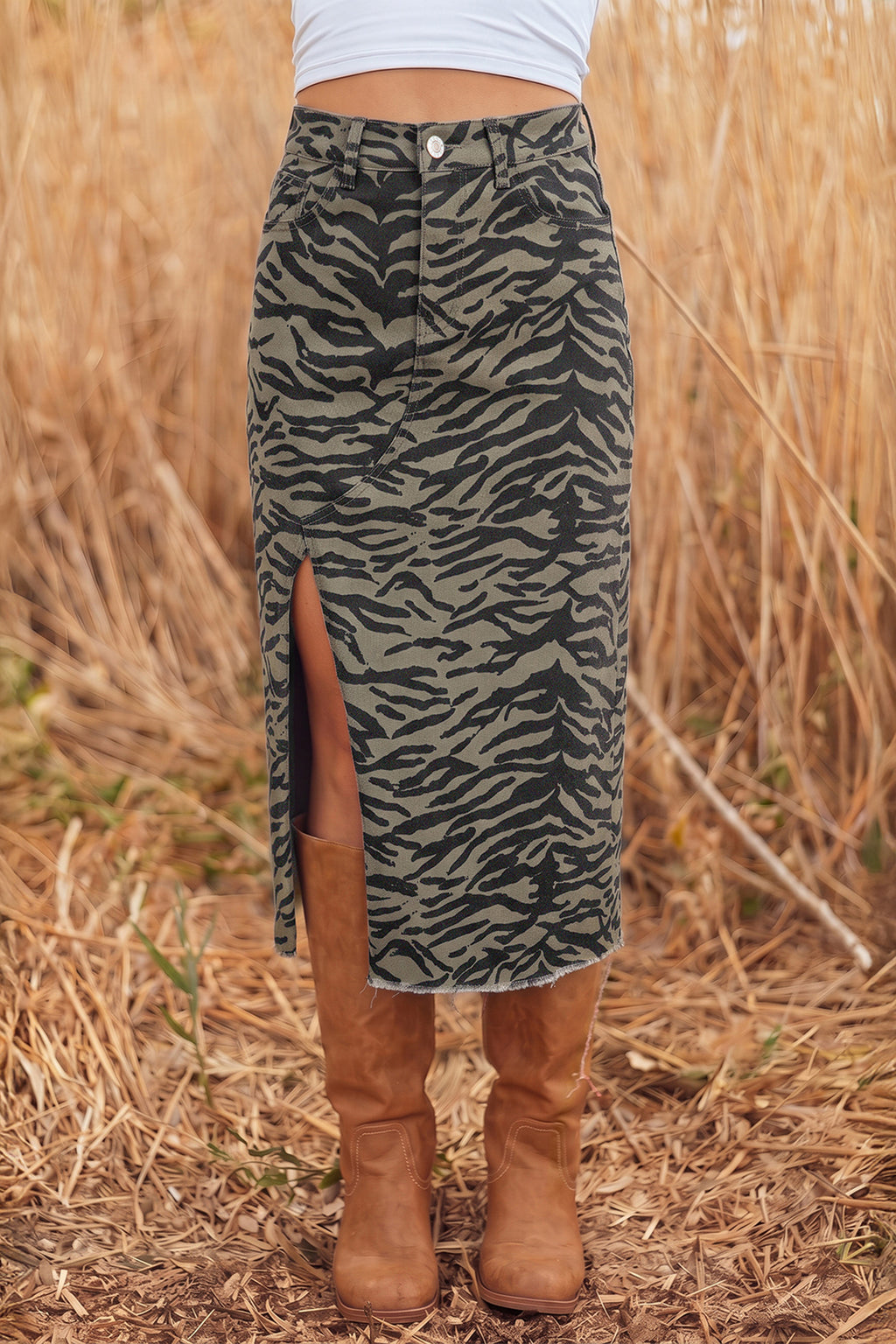 Brown Leopard Print Side Split Frayed Hem Denim Midi Skirt 🇺🇸
