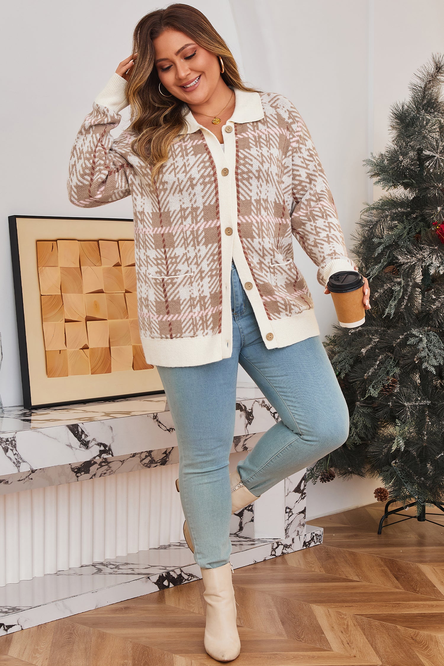 Khaki Vintage Pattern Ribbed Trim Button Front Plus Size Cardigan Sweater 🇺🇸