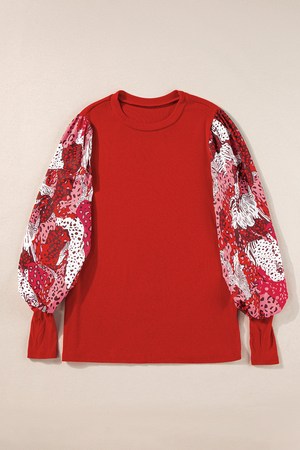 Fiery Red Contrast Mixed Animal Print Lantern Sleeve Patchwork Top 🇺🇸
