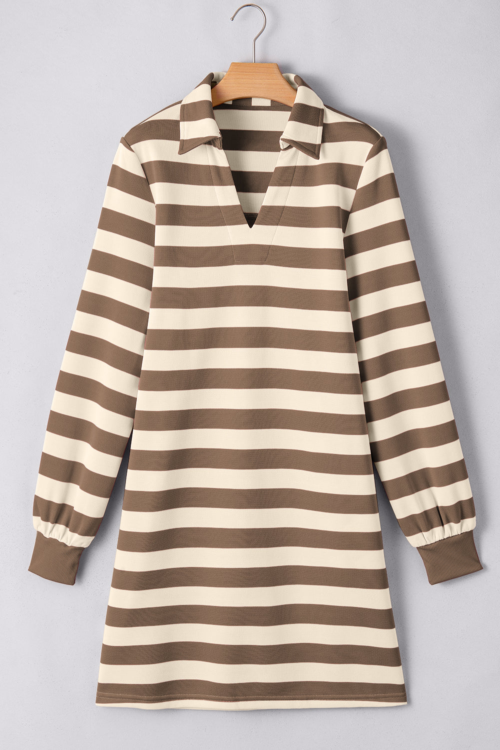 Khaki Stripe Collared V Neck Long Sleeve Loose Casual Dress 🇺🇸