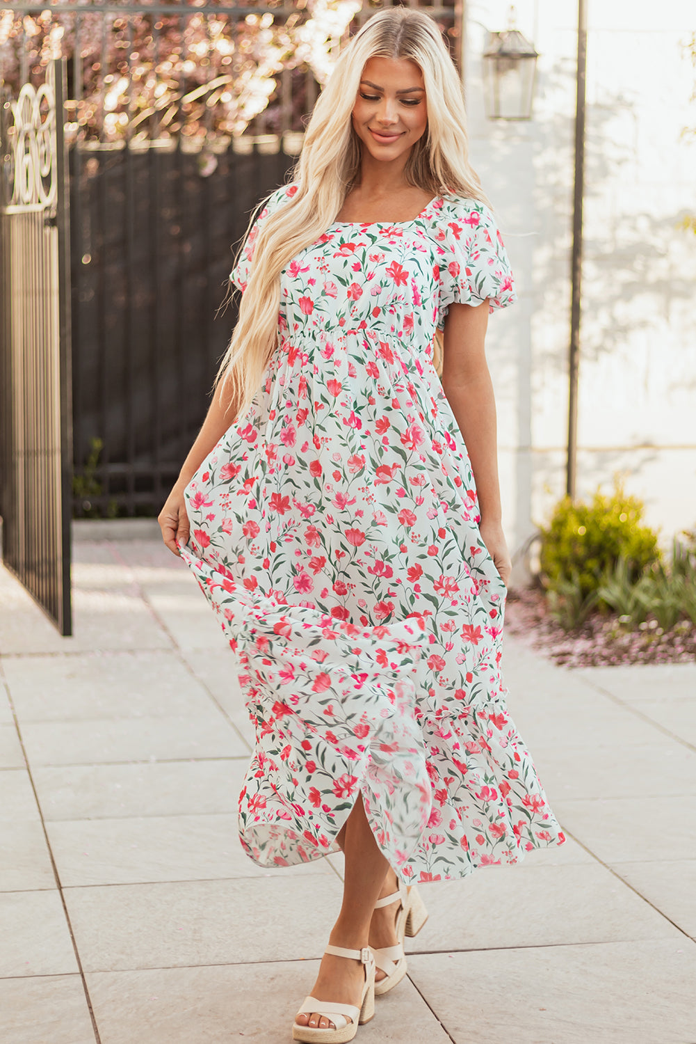 Pink Floral Puff Sleeve Square Neck Empire Waist Tiered Maxi Dress 🇨🇳