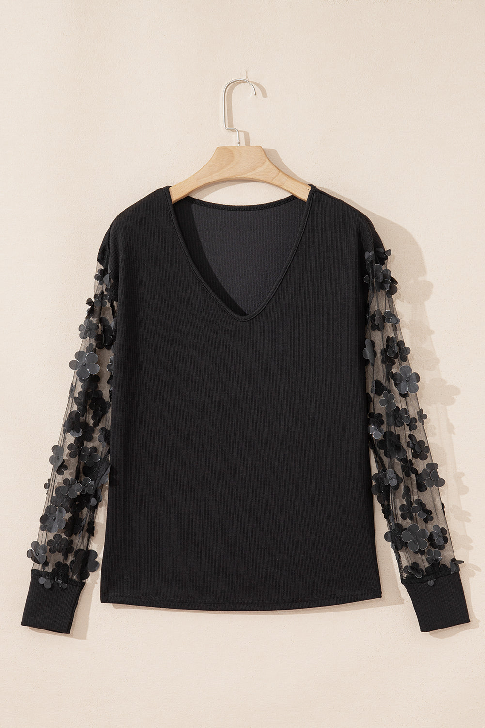 Black Flower Applique Mesh Long Sleeve V Neck Blouse 🇺🇸