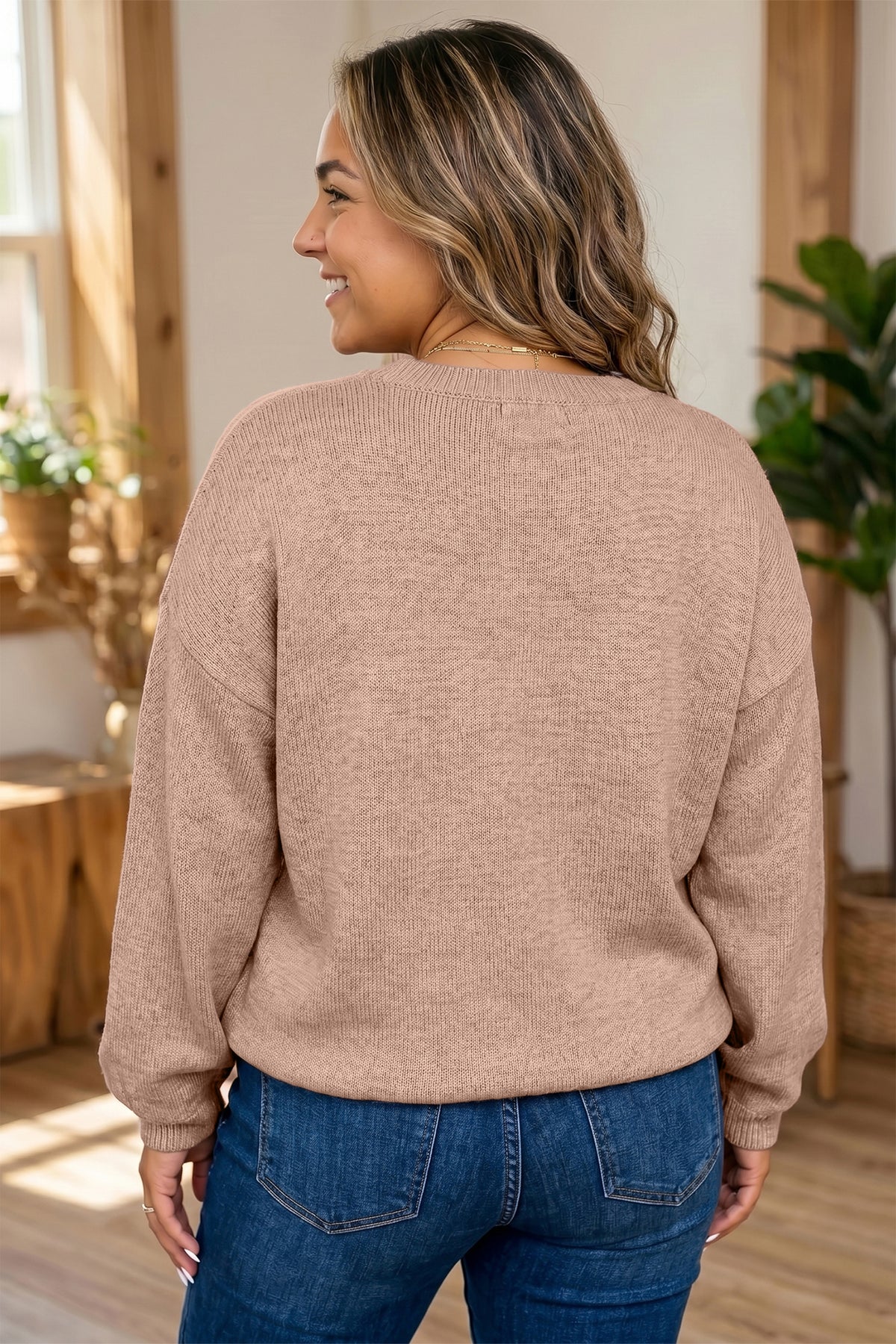 Dark Khaki Leopard Bow Embroidery Drop Shoulder Tunic Plus Size Sweater 🇺🇸
